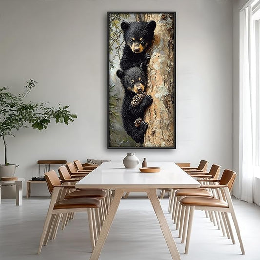 Cabin Bear Large Wall Art Black Bear Cubs Pictures Wall Decor Rustic Forest Animals Lodge Canvas Prints Wildlife Painting Framed Artwork Decoration for Nursery Bedroom Living Room Office 30"x60"