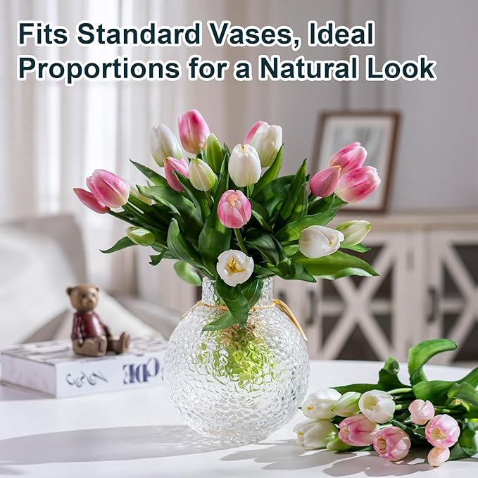 20PCS Fake Tulips Artificial Tulip Silk Flowers Fake PU Bouquet Artificial Flowers Faux Flowers with Gift Box Soft Faux Tulips Bouquets Arrangements for Party Wedding Home