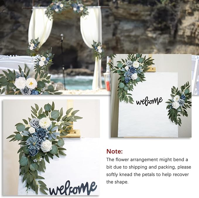Blue White Wedding Arch Flowers, Faux Flower Swag Set of 2, Blue White Floral Swag for Wedding Arch Welcome Signs, Reception Ceremony Signs Decor