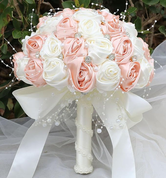 Bridal Wedding Bouquet Round Bling Brooch Bouquet Throw Toss Artificial Rose Flower Bunch for Bride Bridesmaid Wedding Quinceanera(Peach Pink & Ivory, 6.3")