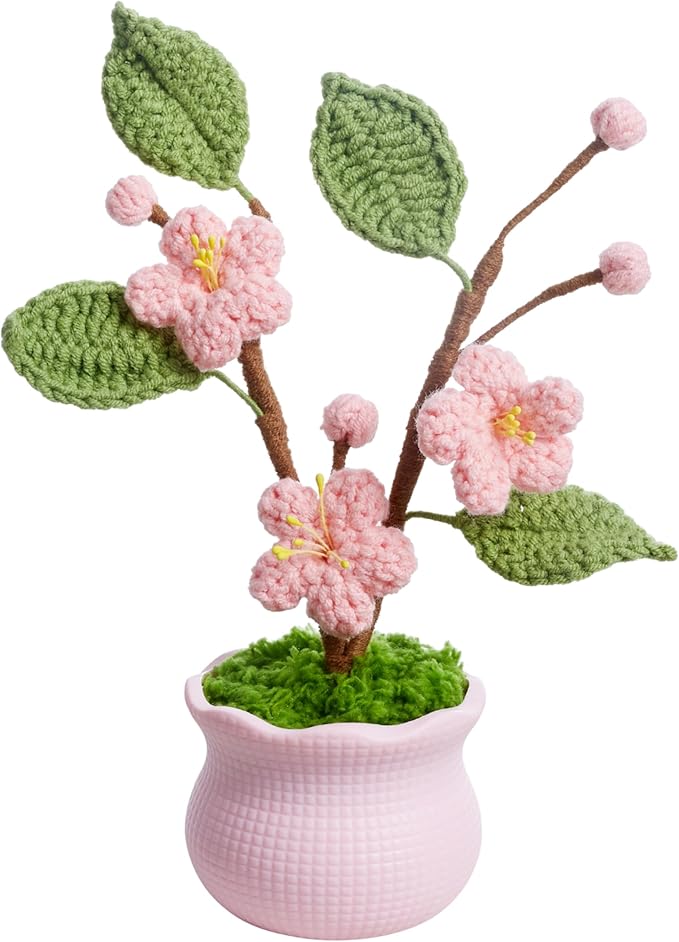 Knitting Crochet Flowers Potted Flower, Fake Forget Me Not Flowers Gift for Teacher, Friend, Family and Lover, Cute Decor for Room, Car Dashboard, Home Office Decoration(Pink Peach Blossom)