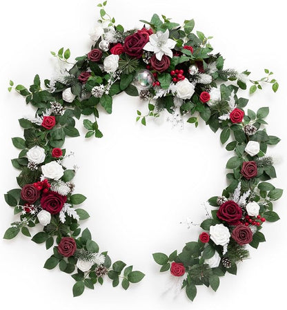 Ling's moment Christmas Eucalyptus Garland with Flowers 6FT，Table Runner with Flowers Marsala Mantle Decor Handcrafted Wedding Centerpieces for Rehearsal Dinner Bridal Shower | Red & White