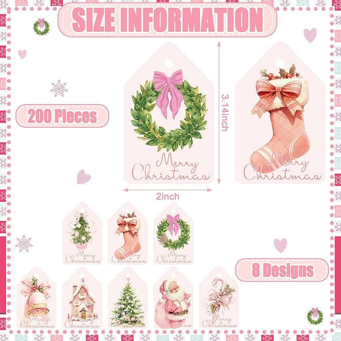 200 Pcs Christmas Gift Tags with String Christmas Natural Holiday Gift Name Tags to Personalize Xmas Presents Gifts Decoration for DIY Wrapping Crafts Party Favors(Bow)