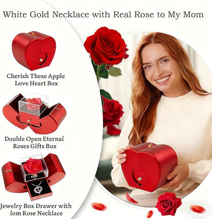 Forever Red Roses in A Box Preserved Rose with Rainbow Necklace Heart Box to My Love Birthday Gift for Women Mom Wife Girlfriend