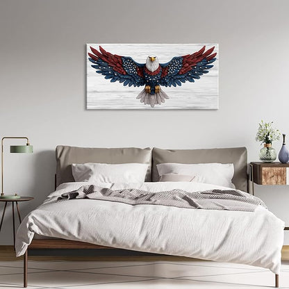 Bald Eagle Canvas Wall Art American Eagle Wall Décor -American Bald Red Blue Flag Canvas Wall Art Usa Independence Day Prints Painting Ready to Hang for Living Room, Bedroom, Office, Dorm '40L" x 20W"