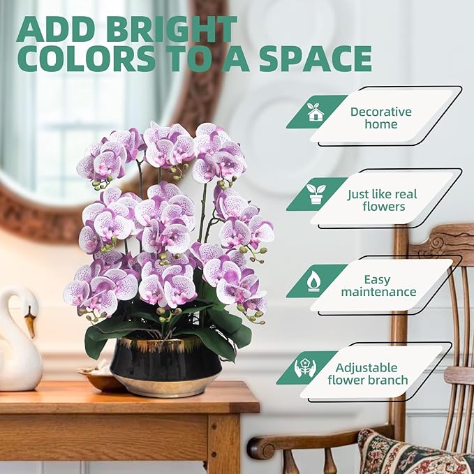 CXGS Orchids Artificial Flower Real Touch Faux Orchid in Large Ceramic Vase Realistic Fake Phalaenopsis Floral Arrangements Centerpiece Table Home Indoor Decor