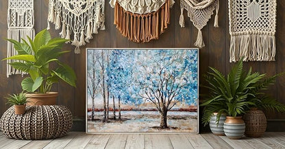 Yihui Arts Blue Tree Canvas Wall Art - Hand Painted Textured Abstract Forest Landscape Modern Artwork with Gold Foil Framed for Living Room, Bedroom, and Bathroom Decor
