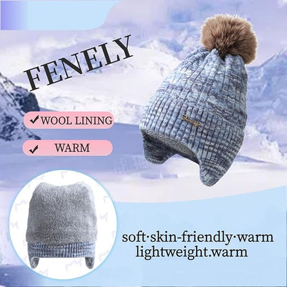 FENELY Women's Knitted Warm Beanie Winter Hat, Warm Chunky Snow Hat with Pompom