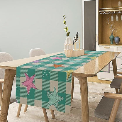 Starfish Plaid Table Flag Green Plaid and Marine Life Starfish Kitchen Table Flag Suitable for Birthday Party Restaurant Decoration Outdoor Picnic 13 * 120 Inch
