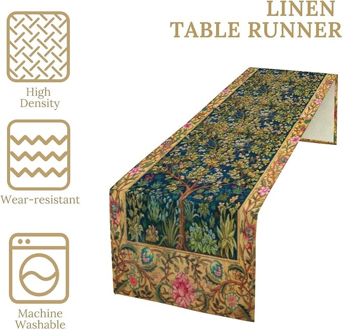 William Morris Table Runner, Boho Rustic Ethnic Tree of Life Flower Original Design Print Table Runner for Home Party Dining Room Kitchen Decor 13x36 Inch
