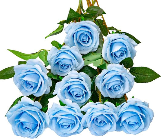 DuHouse 10pcs Fake Roses Artificial Silk Flowers Faux Rose Flower Long Stems Bouquet for Arrangement Wedding Centerpiece Party Home Kitchen Decor (Sky Blue)