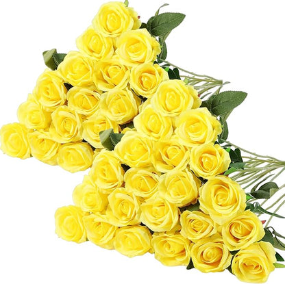 Hotop 40 Pcs Rose Artificial Flowers Bulk with Long Stem,Realistic Silk Fake Roses Bouquet for Home Wedding Centerpieces Party Table Decoration Valentines Gifts(Yellow)