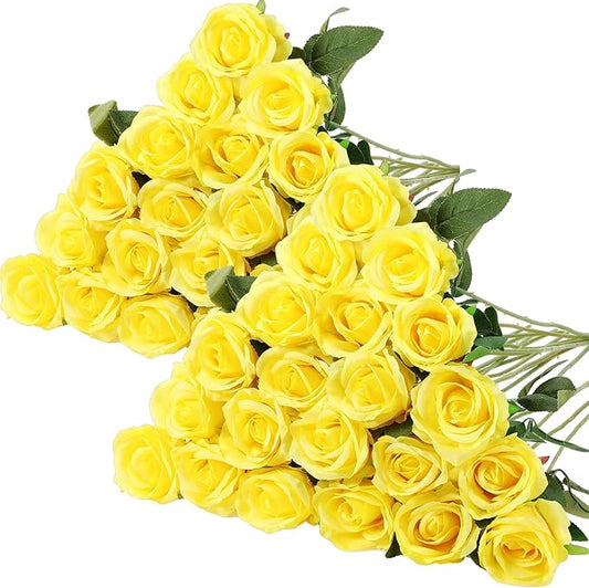 Hotop 40 Pcs Rose Artificial Flowers Bulk with Long Stem,Realistic Silk Fake Roses Bouquet for Home Wedding Centerpieces Party Table Decoration Valentines Gifts(Yellow)