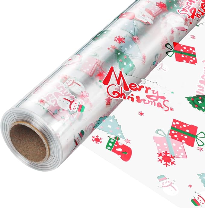 JOYIT 100 ft Christmas Cellophane Wrap Roll (35 in x 100 ft) - 3 Mil Thick Cellophane Roll, Christmas Cellophane Bags Large for Flower Gift Baskets Arts Crafts Wrapping (35" fold into 17.5")