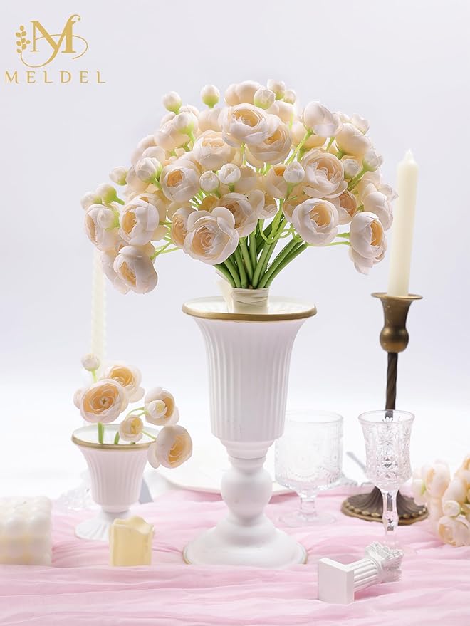 Meldel 32Pcs Ranunculus Artificial Flower, Faux Light Champagne Ranunculus Flowers for DIY Bouquet, Bulk Fake Peony Wedding Filler Flowers for Centerpieces Arrangements Bridal Shower Decorations