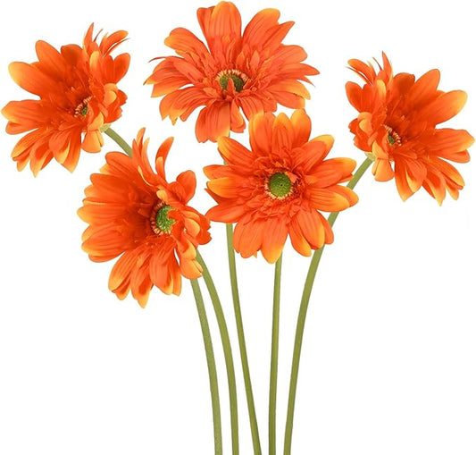 Orange Gerbera Daisy Artificial Flowers – Real Touch Artificial Wildflowers 5PCS, Long Stem Faux Daisies for Fall Home Décor, Home Table Centerpieces, or Wedding Arrangements
