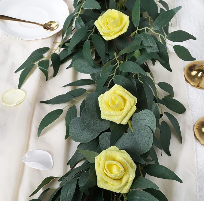 IPOPU Artificial Glitter Roses,25pcs Yellow Roses Glitter Flowers Fake Rose with Stem for DIY Wedding Bridal Bouquet Home Party Decoration(Yellow)