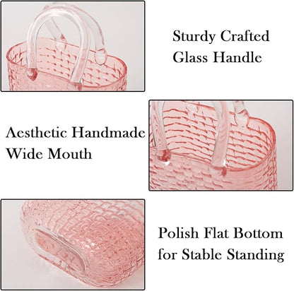 Glass Purse Vase for Flowers, Pink Purse Flower Vase, Large Glass Bag Vases, 10 Inch Handbag Shaped Vases for Home, Living Room, Bedroom, Table, Office Decor
