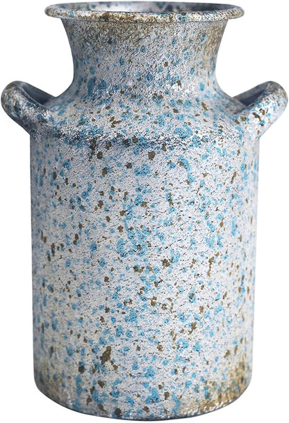 Rustic Vintage Metal Flower Vase for Decor Milk Jug Small Vases for Flowers Kitchen Decorations, Cylindrical,Perfect for Kitchen, Dining Room, Living Room,Housewarming Gift, Blue