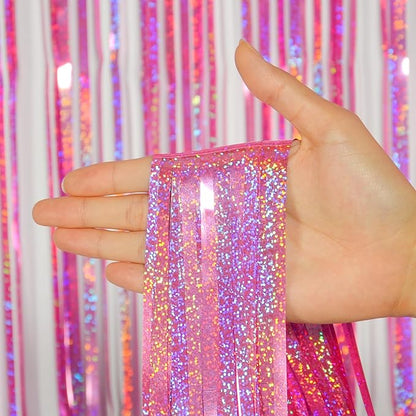 Melsan Pink Tinsel Curtains Backdrop, 3.2 ft x 8.2 ft Sparkle Metallic Foil Curtains for Princess Birthday Party Photo Background Decoration, 2 Pack