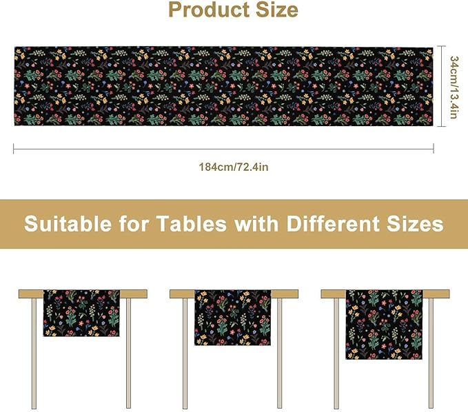 Retro Floral Table Runner, Colorful Bohemian Wildflower Flowers Blooms Vintage Table Runner for Kitchen Dining Party Home Decor, 13x60 Inch