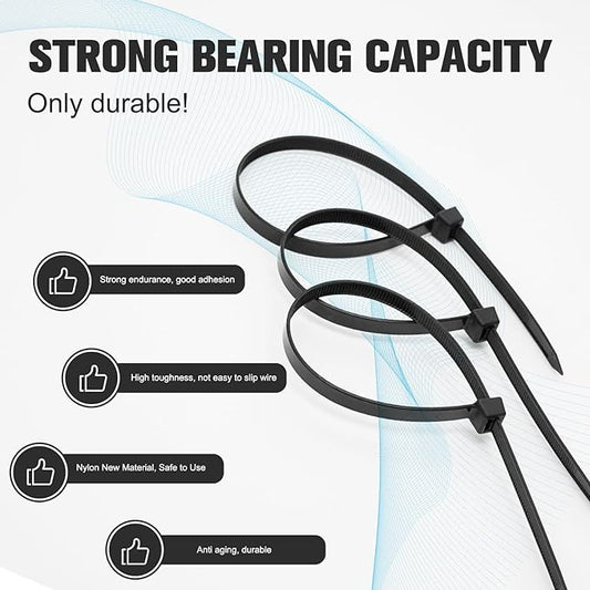 Black Zip Ties Assorted Sizes 4+6+8+10+12-Inch，600PCS Multi-Purpose Self-Locking Nylon Cable Tie,Wire Tie Perfect for Home,Garden Trellis,Office,Garage and Workshop.