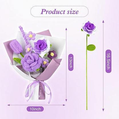 Crochet Flower Bouquet, Crochet Flowers Purple Tulip Rose Handmade Knitted Bouquet for Birthday Graduation Wedding Gift for Women Girlfriend Lover Wife Decor (Purple)