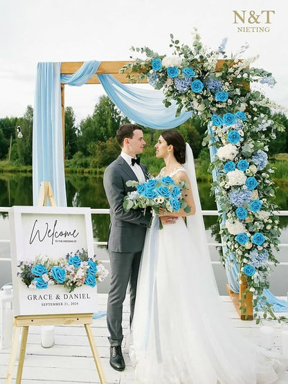 N&T NIETING Artificial Flowers 50pcs Real Looking Blue Foam Fake Roses with Stems for DIY Wedding Bouquets White Bridal Shower Centerpieces Arrangements Party Tables Decorations