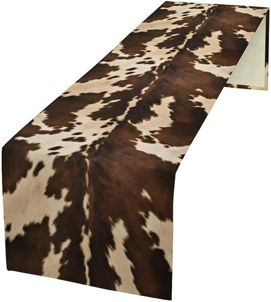 Cow Print Table Runner, Brown Cowhide Western Style Runner Country Farmhouse Cottage Patten Decoration for Home Kitchen Dining,13x90 Inch