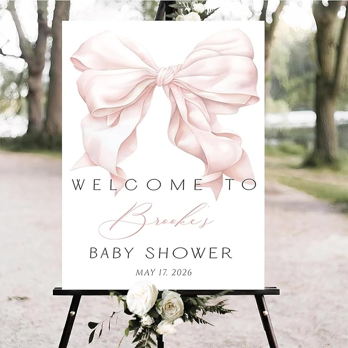 Personalized Pink Bow Baby Shower Welcome Sign, Custom Minimalist Bow Baby Girl Party Sign, Baby's Shower Gifts, Birthday Gifts, Gender Reveal Decorations, Newborn Announcement Party Supplies - 07