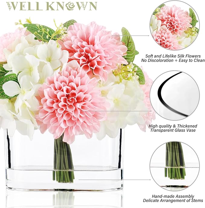 WELL KNOWN Artificial Hydrangea Dahlia Flowers in Vase, Faux Silk Flowers Arrangement with Big Glass Vase for Home Wedding Party Dining Table Centerpiece Home Office Decor & Women Mom's Gift (Pink)