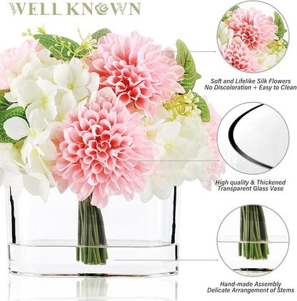 WELL KNOWN Artificial Hydrangea Dahlia Flowers in Vase, Faux Silk Flowers Arrangement with Big Glass Vase for Home Wedding Party Dining Table Centerpiece Home Office Decor & Women Mom's Gift (Pink)