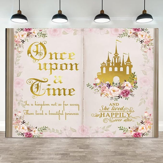 20x10ft Once Upon a Time Backdrop Pink Flower Gold Castle Photography Background Fairy Tale Books Floral Princess Girls Birthday Banner Decorations Fairytale Wedding Portrait Photo Booth Prop