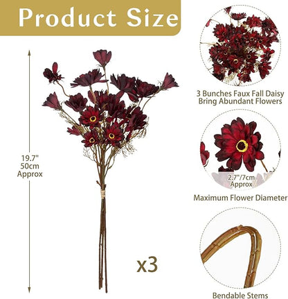 20" Artificial Burgundy Daisy Flowers for Fall Flower Arrangement, 3 Bundles Faux Chrysanthemum Flowers Branches for Gothic Halloween & Autumn Home Decor, Dark Fake Wildflowers Mums Black Red