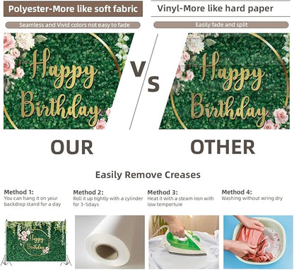10x5ft Happy Birthday Backdrop Green Grass Flowers Wall Greenery Green Leaves Nature Botanical Photography Background Birthday Party Anniversary Portrait Studio Photo Props Polyester