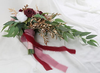 9 Inch Artificial Wedding Bouquets for Bride Bridal Bouquet Bridesmaid Bouquet Tossing Bouquet for Wedding Ceremony Anniversary Bridal Shower(Marsala & Blush)