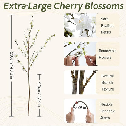 43" Cherry Blossom Branches, 4 Pcs Realistic Silk Artificial Flowers for Indoor Decor, Faux White Cherry Blossom Flower for Vase, Wedding Decoration, Home Centerpieces, Fake Floral Arrangement