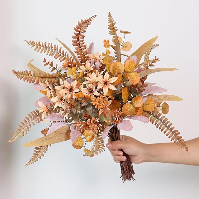 FOTEEWL 75 Pcs Artificial Greenery Stems Box Set,with 8 Kinds of Faux Plants and Fake Flowers for DIY Bridal Bouquets Wedding Floral Arrangement Table Centerpieces Fall Decoration (Orange)