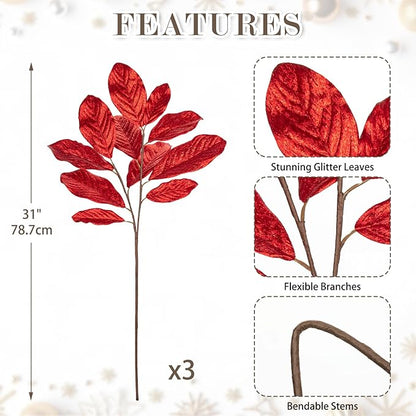 3pcs 31 inch Red Glitter Magnolia Leaf Sprays Artificial Christmas Tree Picks Sprays, Glittery Stem Ornaments for Christmas Tree Winter Wreath Swag Wedding Bouquet Centerpiece