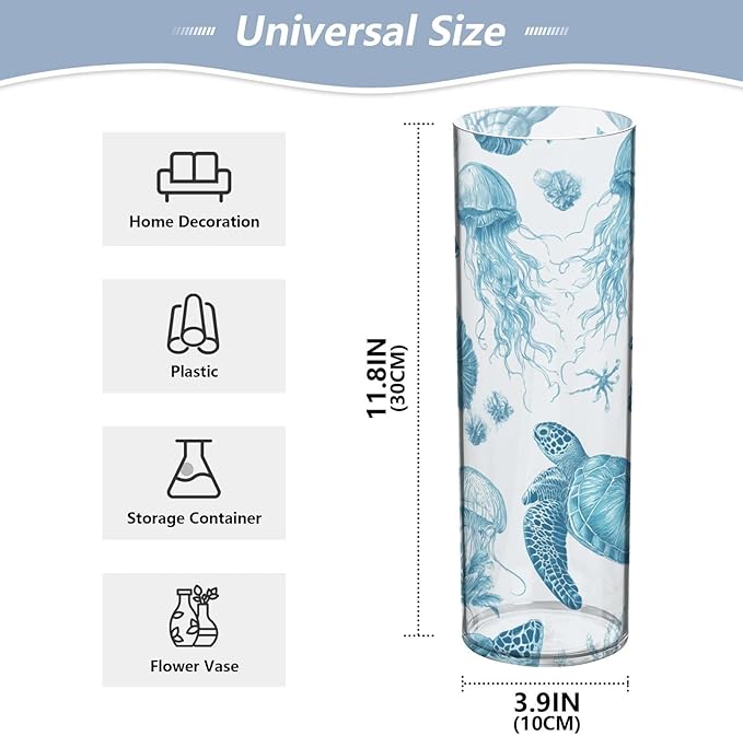 Flower Vase Clear Plastic Cylinder Vases Decor for Centerpieces Home Storage Office Weddings Blue Turtles Shells and Jellyfish 11.8 x 3.9 in