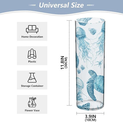Flower Vase Clear Plastic Cylinder Vases Decor for Centerpieces Home Storage Office Weddings Blue Turtles Shells and Jellyfish 11.8 x 3.9 in