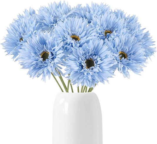 Gerbera Daisy Artificial Flowers 12pcs Faux Daisies Blue Silk Flowers with Stems for Vase Table Centerpiece Home Wedding Party Garden Decoration(Blue)