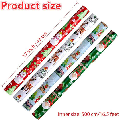 Anvure Christmas Wrapping Papers (4 Rolls: 93 sq. ft total) with Santa Claus, Snowman, Elk, Tree, Xmas Pattern Design, 17 Inch*16.4 Feet per Rolls, Blue/White/Red/Green Holiday Gift Wrap for Presents