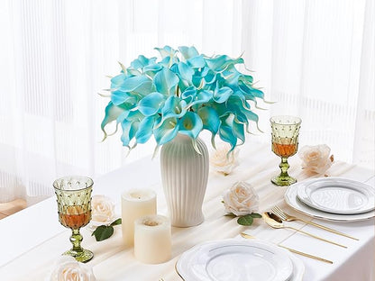 24 Pcs Artificial Calla Lily Flowers Fake Silk Flowers Real Touch for Wedding Bouquet Office Home Kitchen Decor (Peacock Blue)