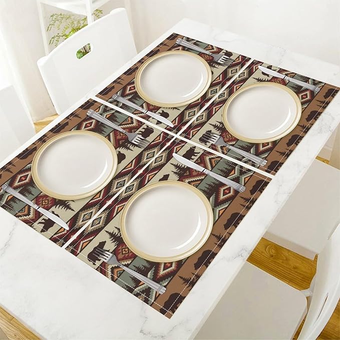 Rustic Lodge Bear Placemats Set of 6, Vintage Cabin Pine Cone Plaid Place Mats, Heat Resistant Non Slip Cotton Linen Dining Table Mats for Home Kitchen Party 18x12 Inch