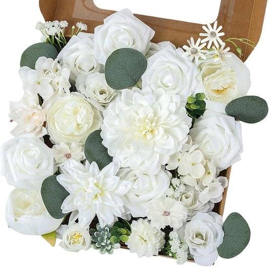 Multi Use Artificial Flowers Combo for DIY Centerpieces Arrangements Wedding Bridal Bouquet Table Chair Decor Candle Holder Baby Shower Cake Decor Flower Strips Home Décor (White Series)