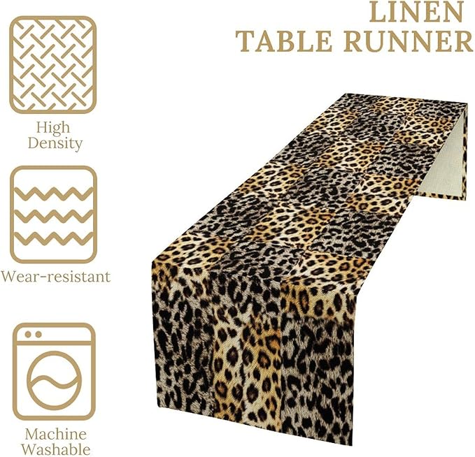 Animal Skin Print Table Runner, Vintage Leopard Farmhouse Cottage Country Western Wildlife Safari Dinner Runner for Home Kitchen Dining Table Party Holiday 13x108in