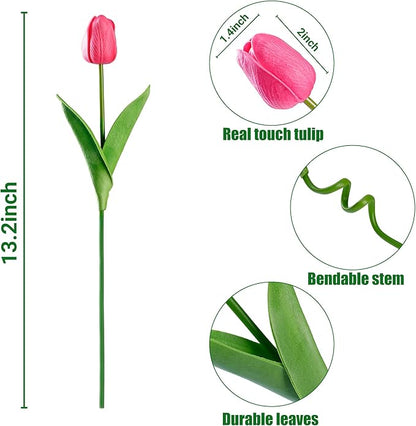 Sggvecsy 15 Pcs Fake Tulips Artificial Flowers Real Touch PU Faux Flowers Tulip Stems for Wedding Spring Bouquet Floral Arrangement Home Party Office Decorations for Mother's Day (Dark Pink)