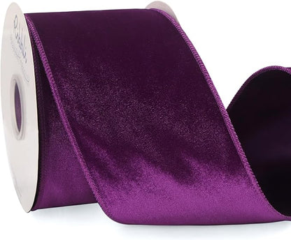 Ribbli Purple Velvet Wired Ribbon 4 Inch Velvet with Satin Christmas Ribbon for Gift Wrapping Christmas Tree Decoration Crafts Wreaths Supplies-Continuous 10 Yards