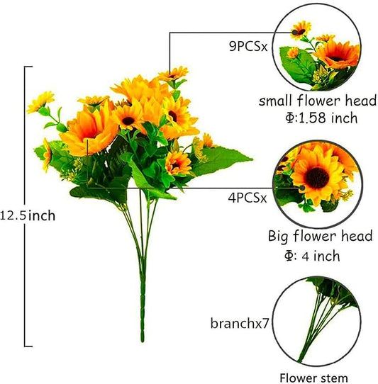 6 Pack Artificial Sunflowers with Stems for Indoor Outdoor 12 inch Fake Silk Sunflower with 13 Sunflower Heads and 27 Green Leaves Decor Home Wedding Party Office (6Pack)